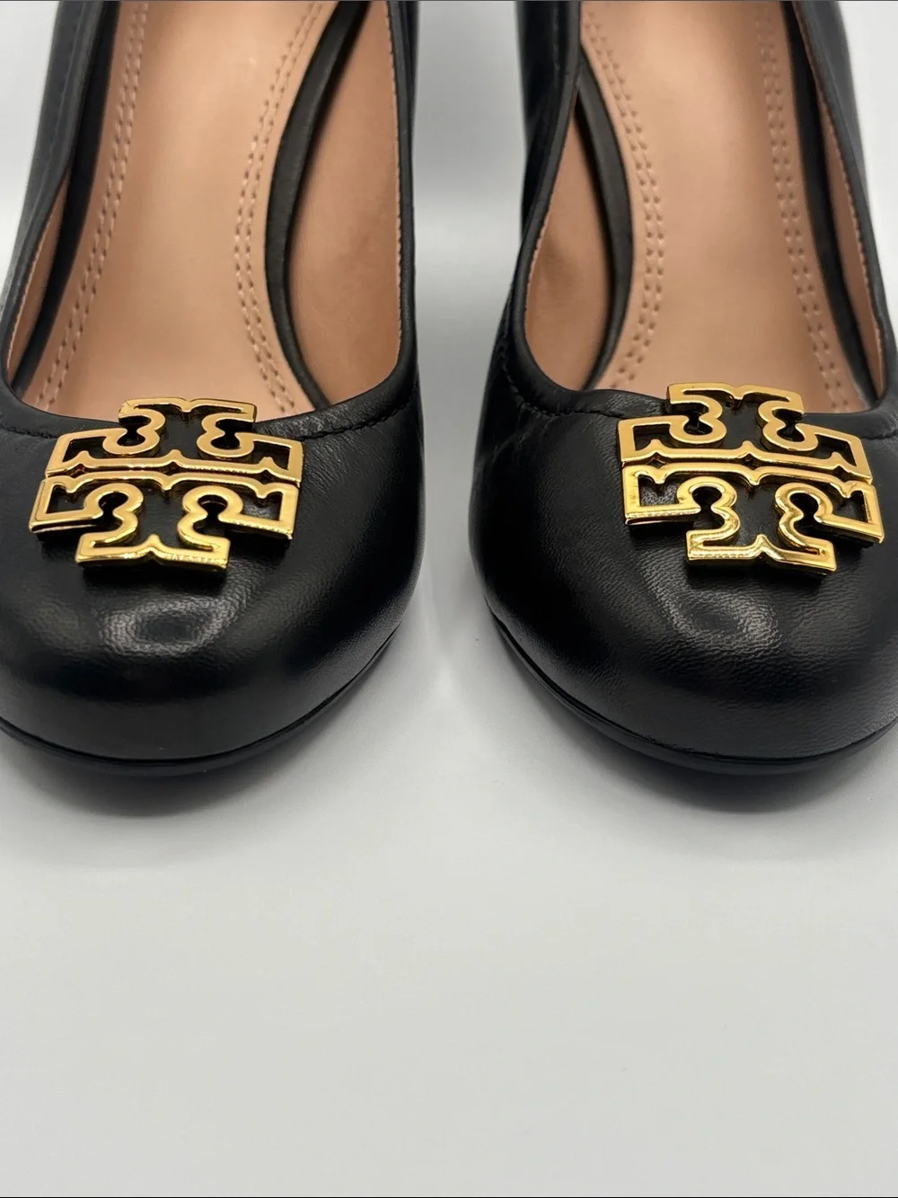 Tory Burch Black Leather Logo Wedges